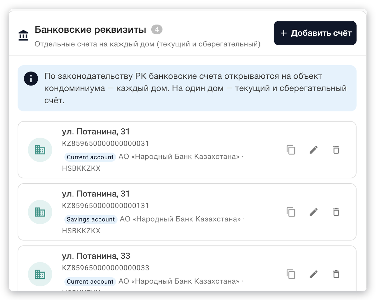 Банковские реквизиты по домам