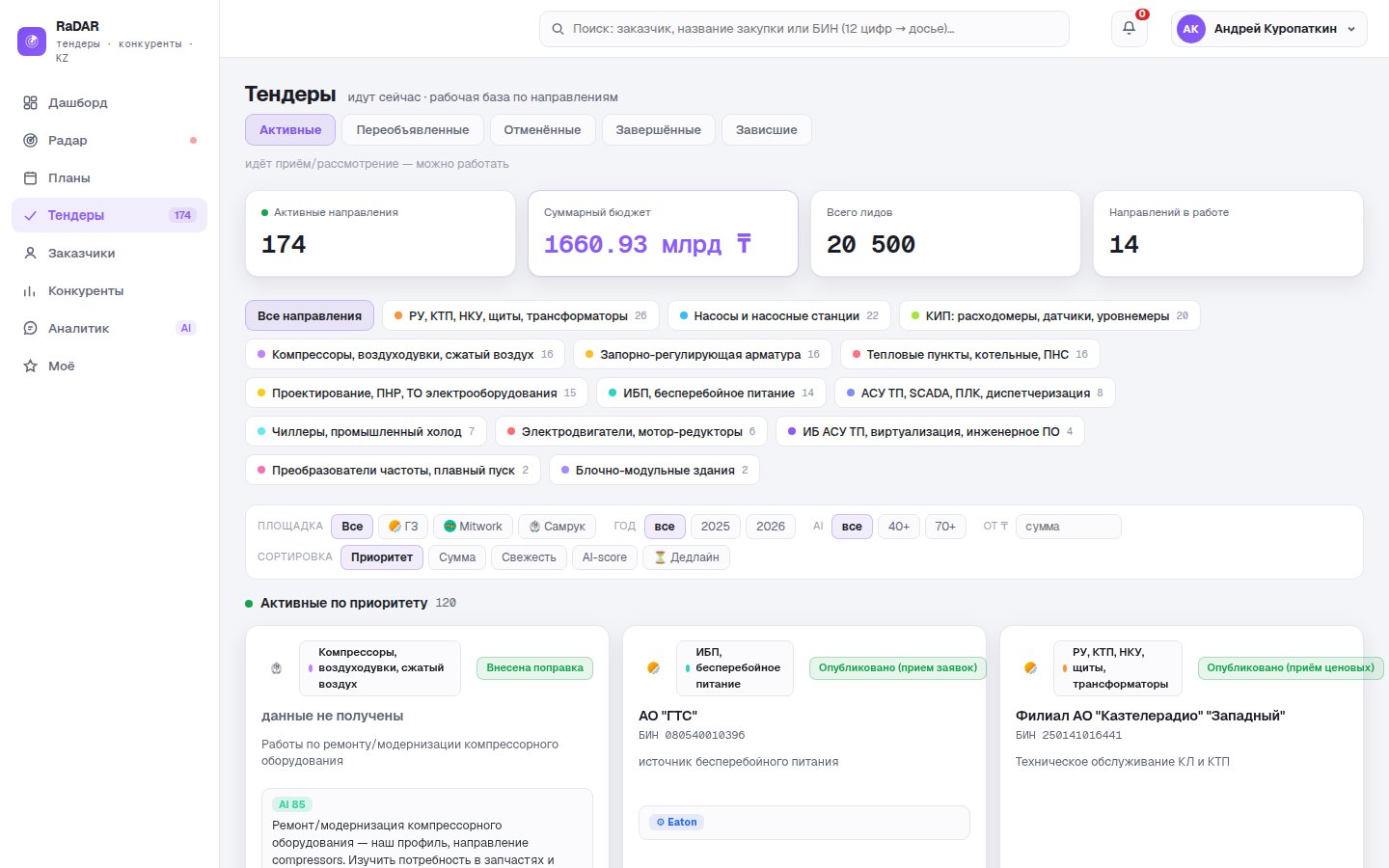 RaDAR: тендеры по направлениям с AI-оценкой